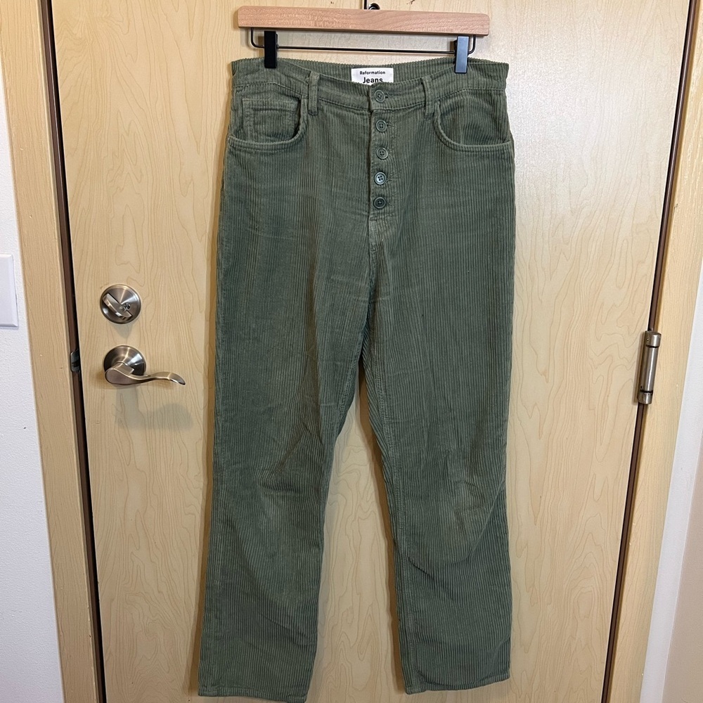 Reformation Cynthia Moss Green Button Fly High Rise Corduroy Pants
